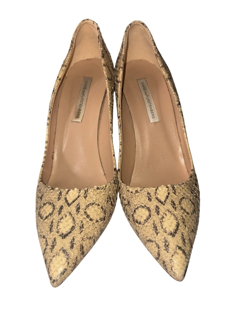 Diane Von Furstenberg Tan Snake-Print Pointed Toe Pumps